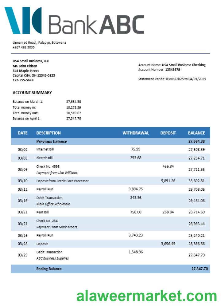 ABC bank company checking account statement Word and PDF template
